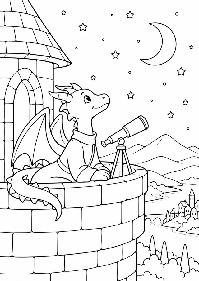 Dragão observando estrelas na torre para colorir