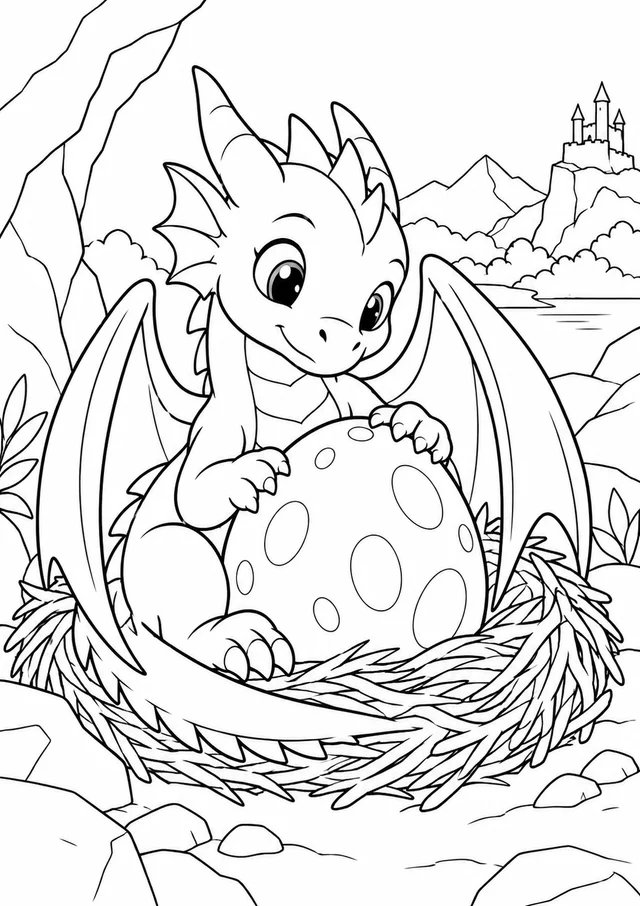 Dragão pequeno protegendo um ovo para colorir
