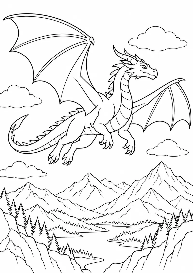 Dragão voando sobre montanhas para colorir