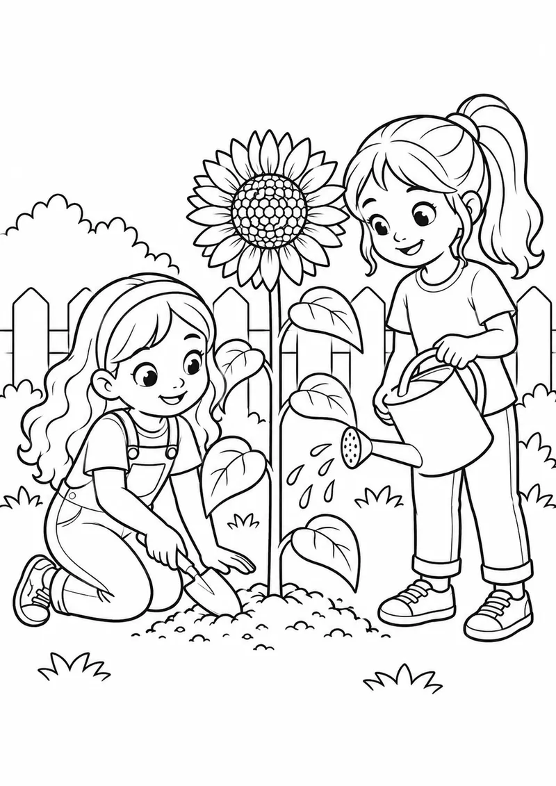 Duas amigas cuidando de um girassol para colorir