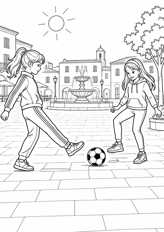 Duas amigas passando a bola na praça para colorir