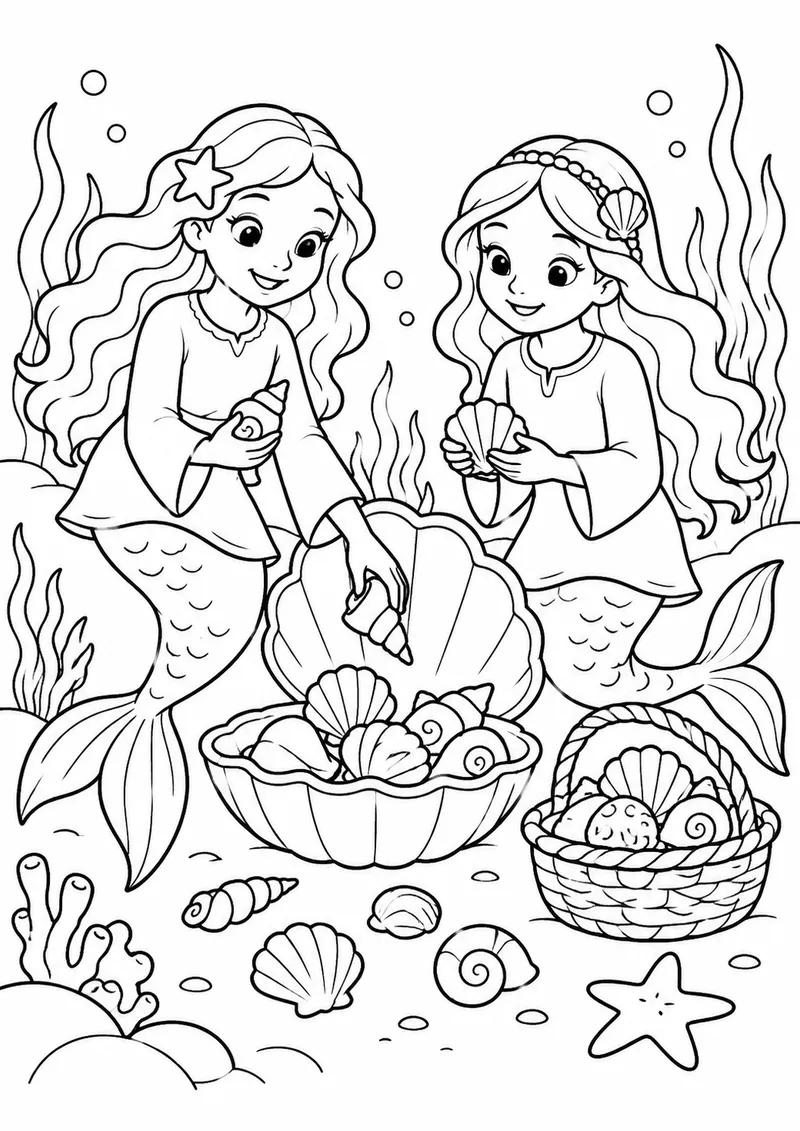 Duas sereias organizando conchas para colorir