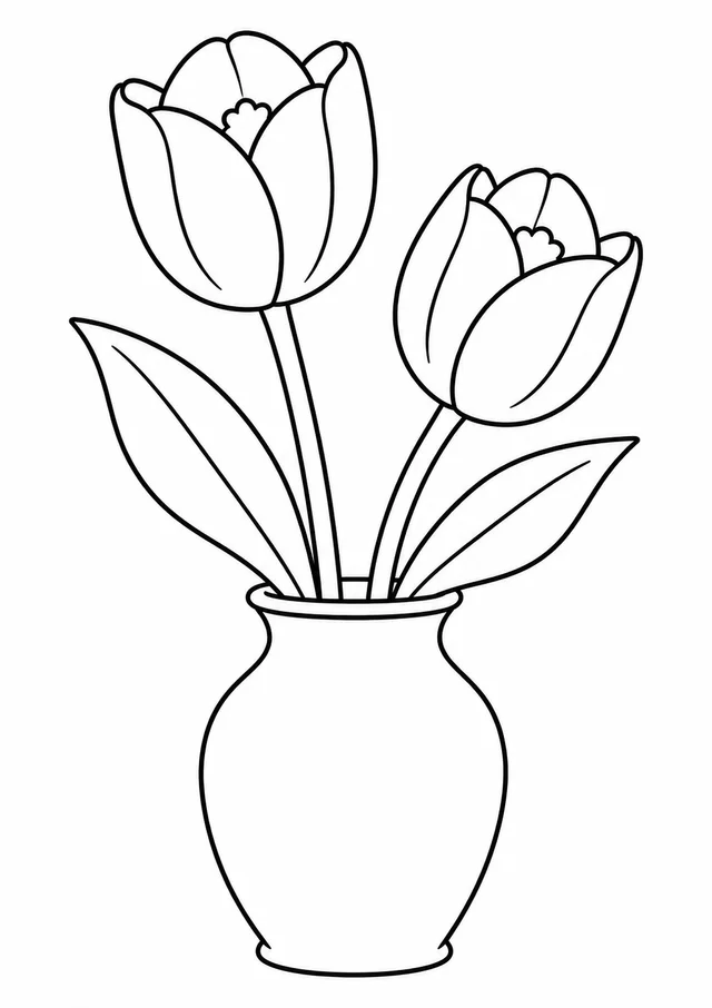 Duas tulipas num vaso liso para colorir