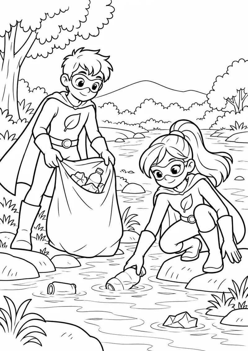 Dupla de heróis originais limpando um rio para colorir