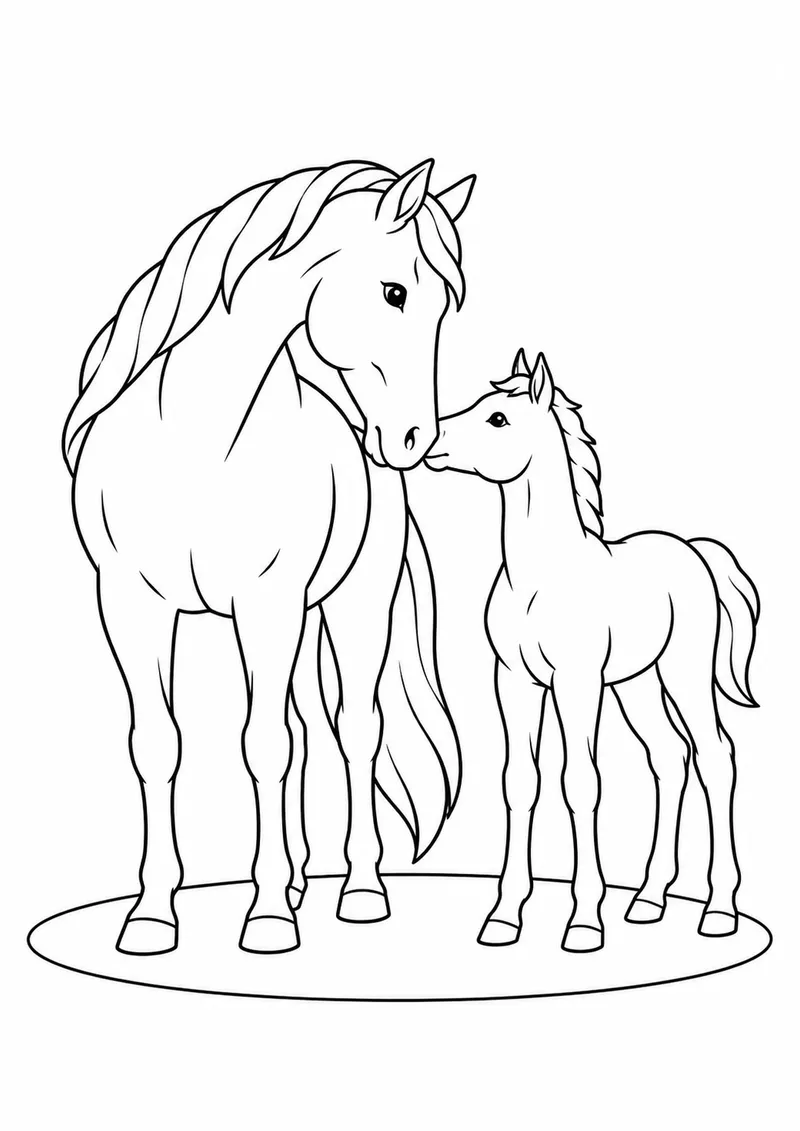 Égua e potrinho encostando os focinhos para colorir