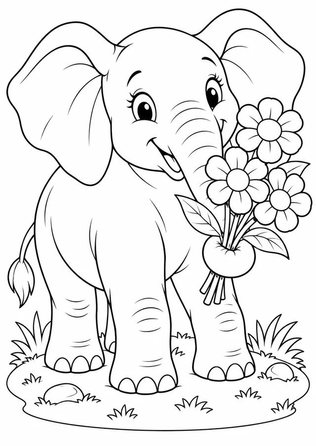 Elefante com flores na tromba para colorir