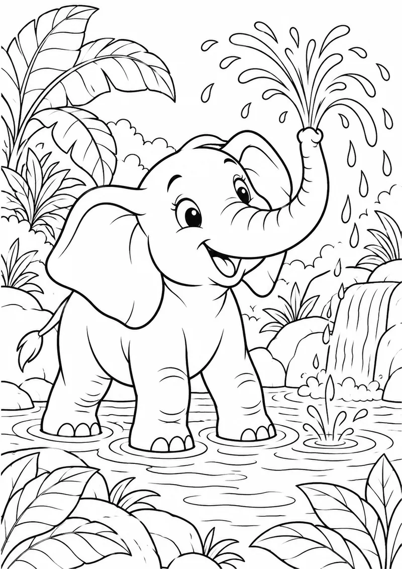 Elefante tomando banho para colorir