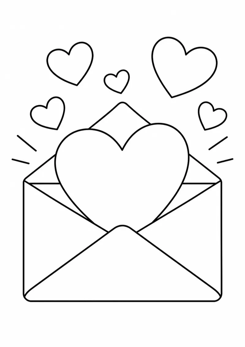Envelope aberto com corações para colorir