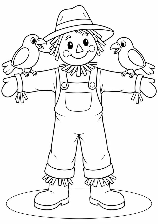 Espantalho e corvos amigos para colorir