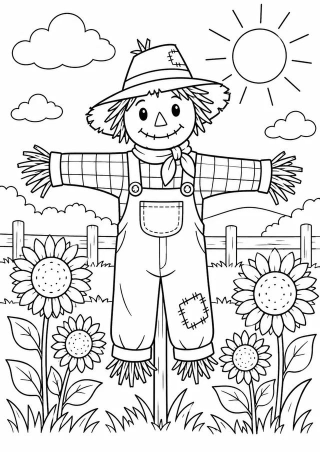 Espantalho vestido ao lado de girassóis para colorir