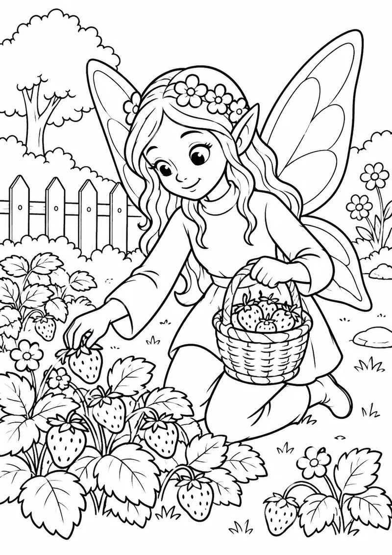 Fada de jardineira colhendo morangos para colorir