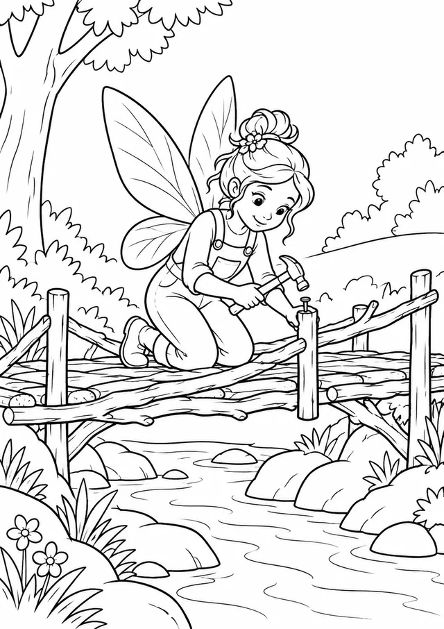 Fada de macacão consertando uma ponte de galhos para colorir