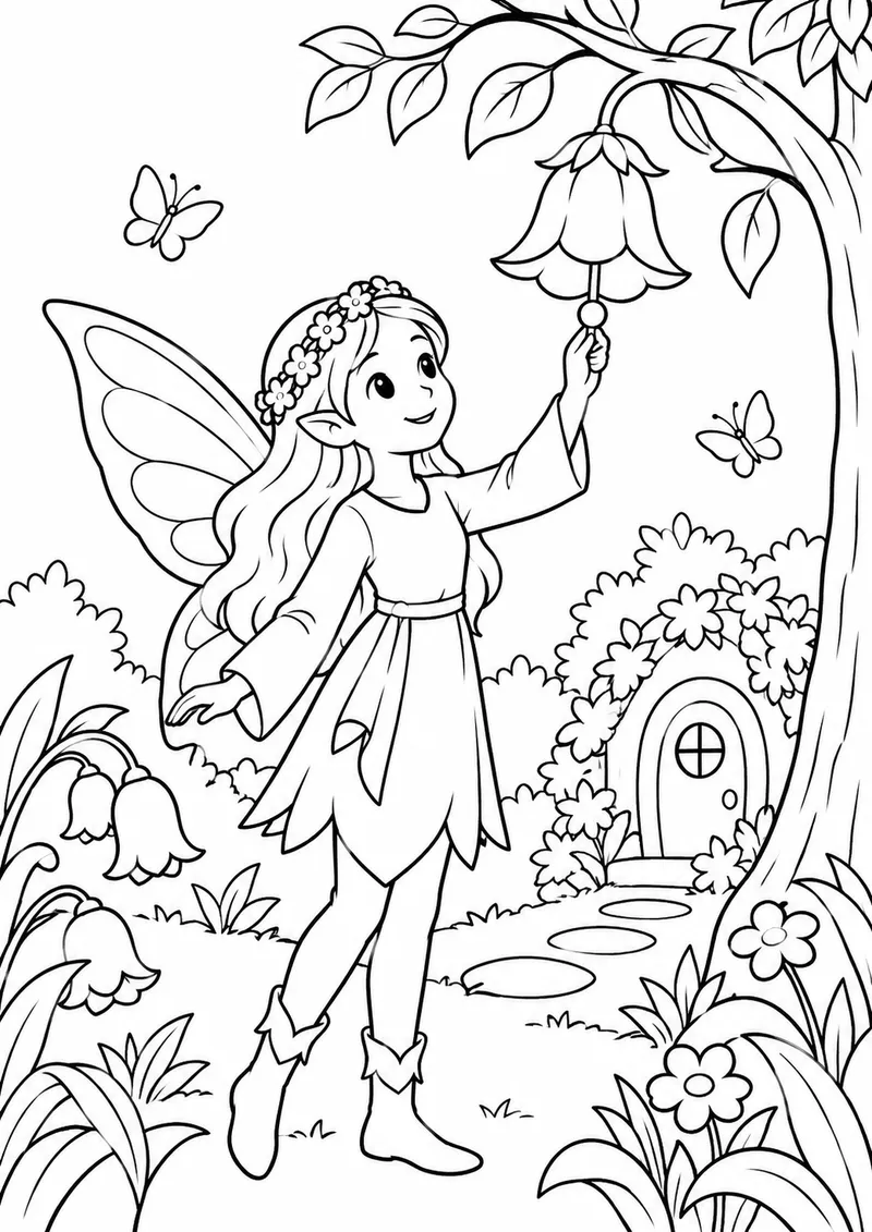 Fada tocando sino de flor para colorir