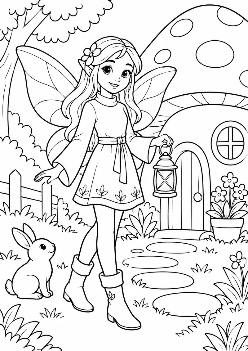 Fada junto à casa de cogumelo para colorir