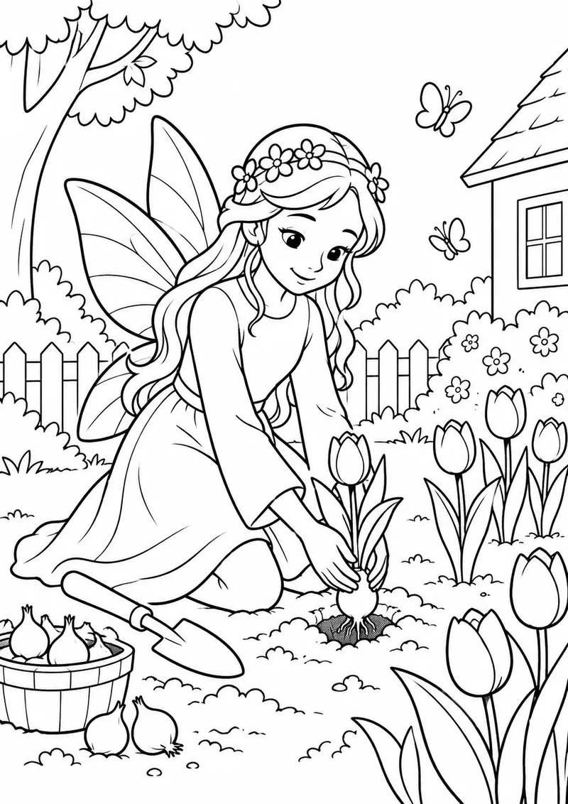 Fada plantando tulipas para colorir