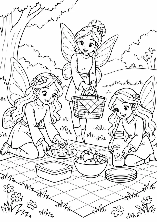 Fadas preparando um piquenique para colorir