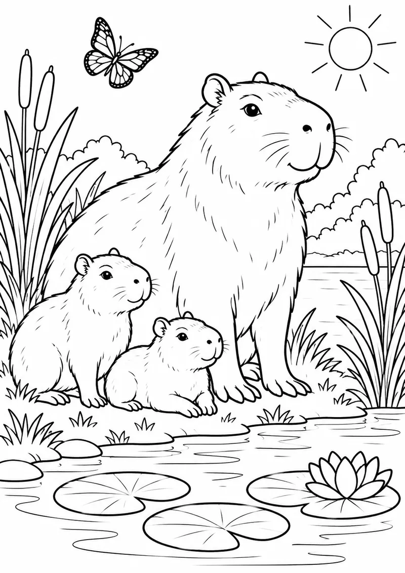 Família de capivaras na lagoa para colorir