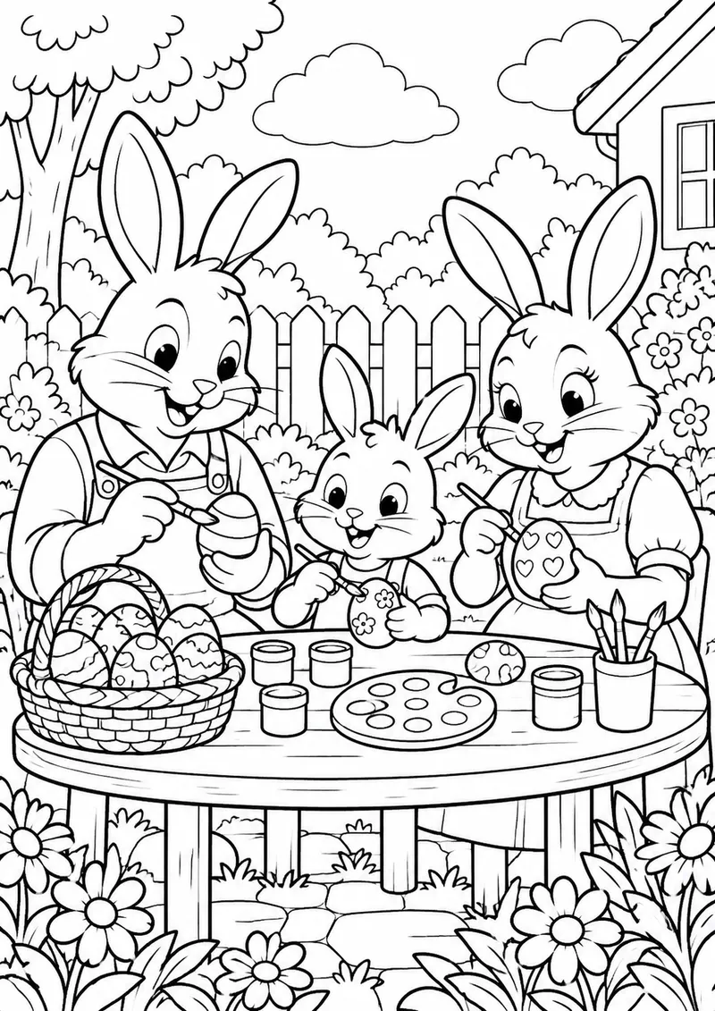 Família de coelhos na Páscoa para colorir