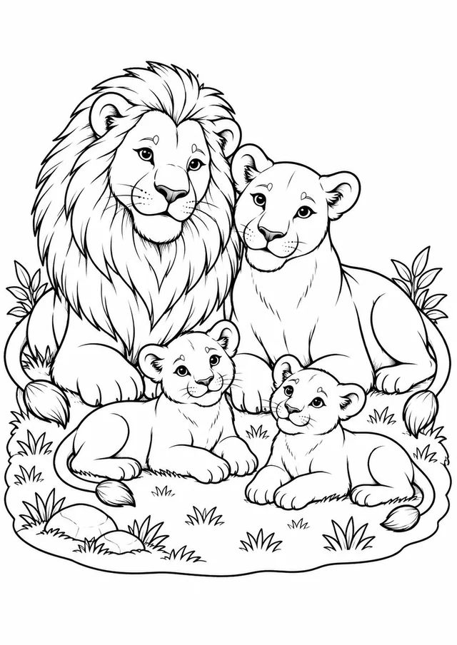 Família de leões descansando para colorir