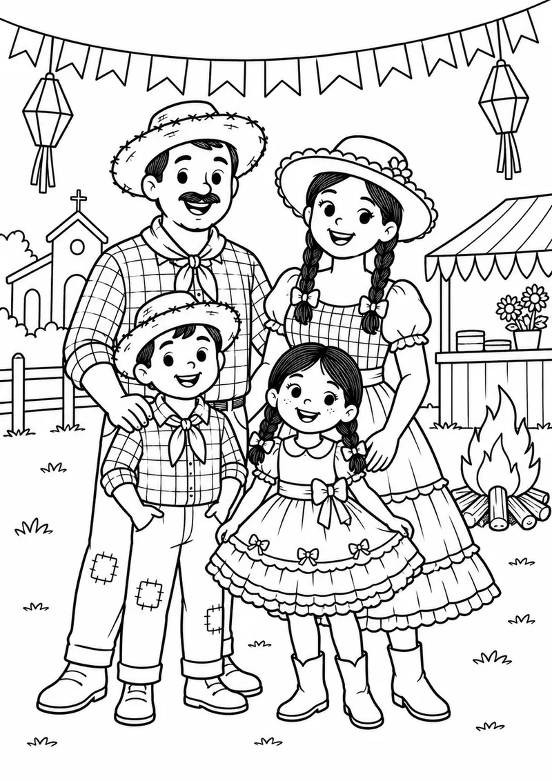 Família de roupa caipira num arraial para colorir