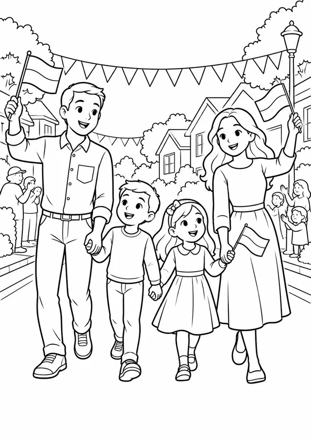 Família num desfile de bairro para colorir
