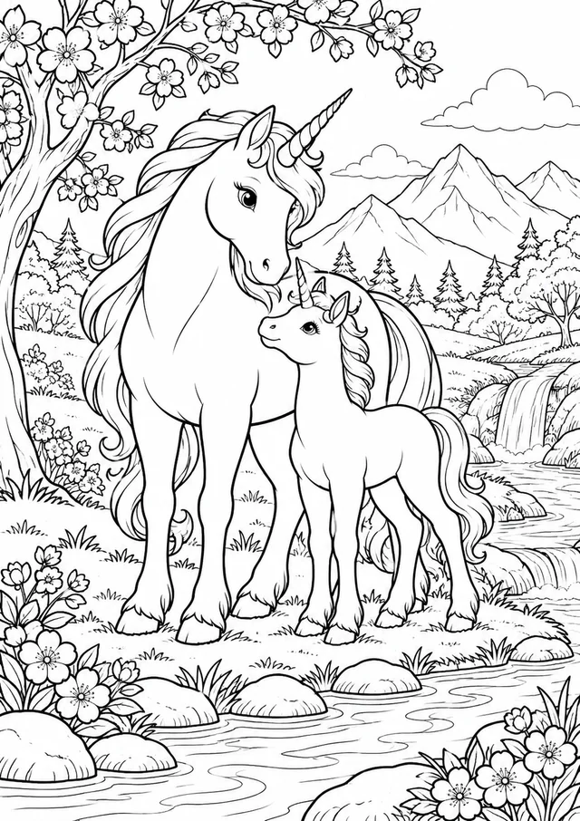 Família de unicórnios para colorir