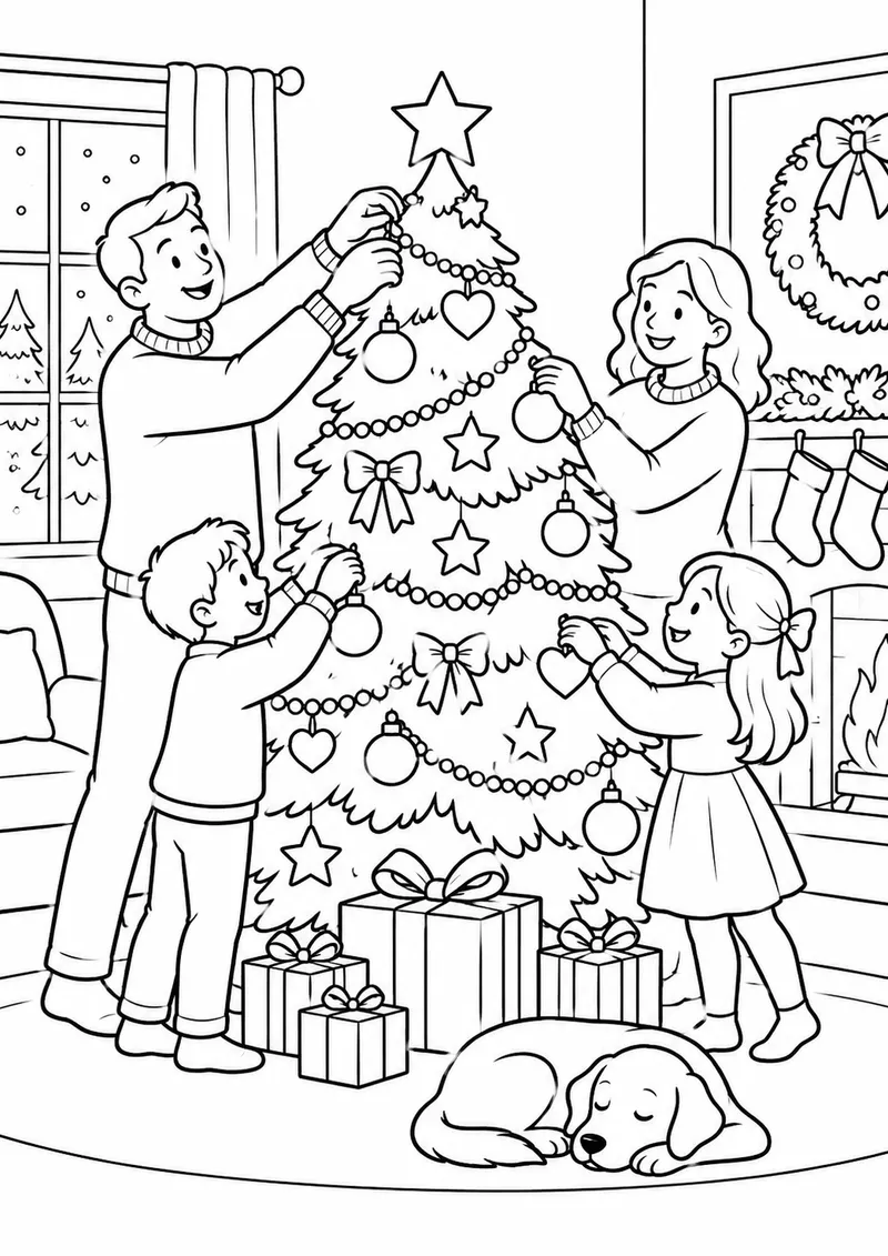 Família enfeitando uma árvore de Natal para colorir