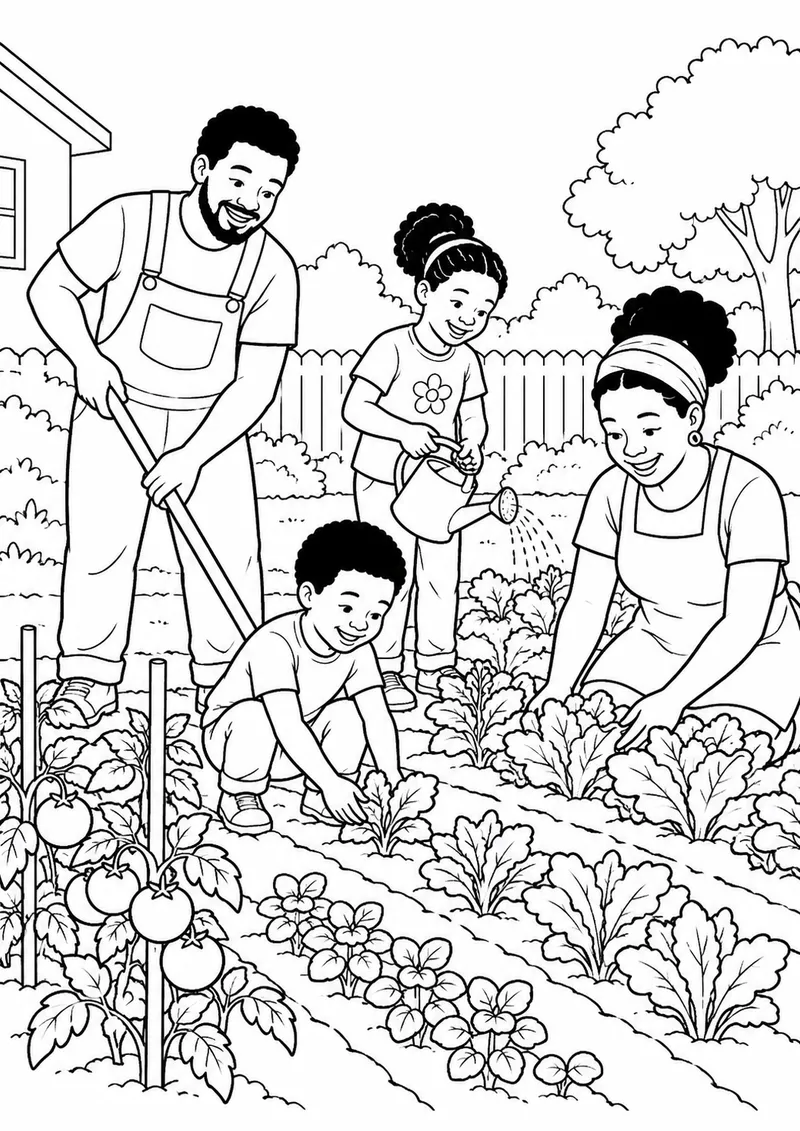 Família negra cuidando de uma horta para colorir