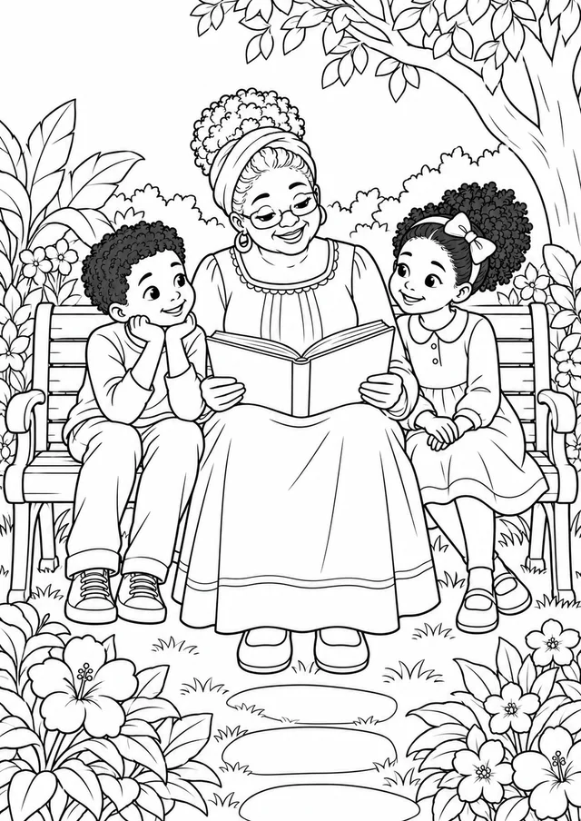 Família negra lendo no jardim para colorir