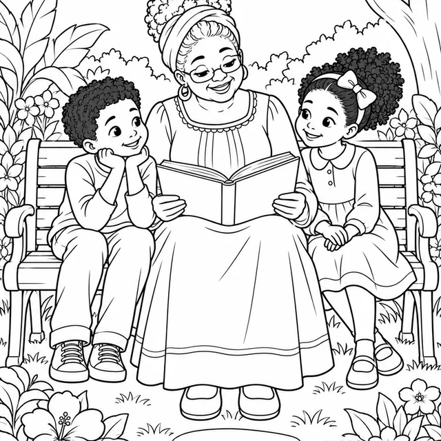 Família negra lendo no jardim para colorir