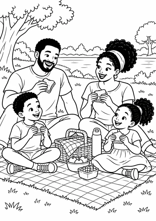Família negra num piquenique no parque para colorir
