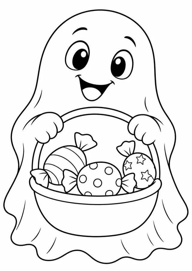Fantasminha segurando cesta de doces para colorir