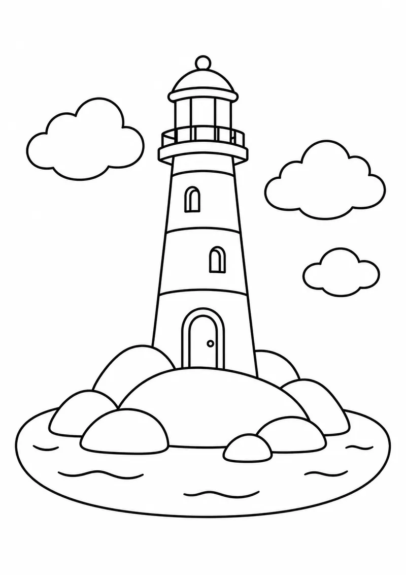 Farol numa ilha de pedras arredondadas para colorir