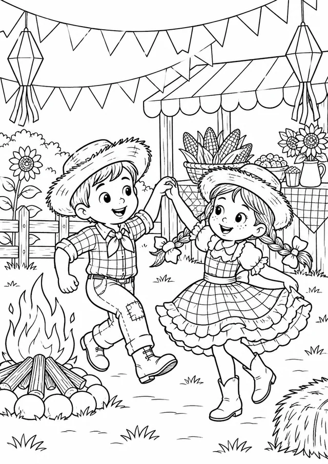 Festa junina no arraial para colorir