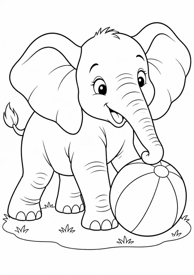 Filhote de elefante brincando com bola para colorir