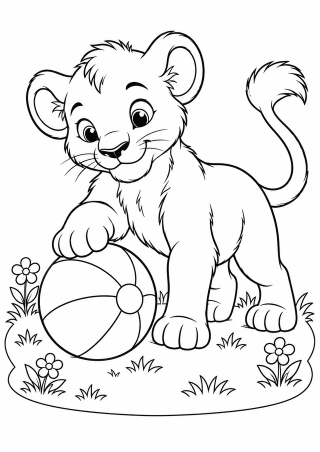 Filhote de leão brincando com bola para colorir