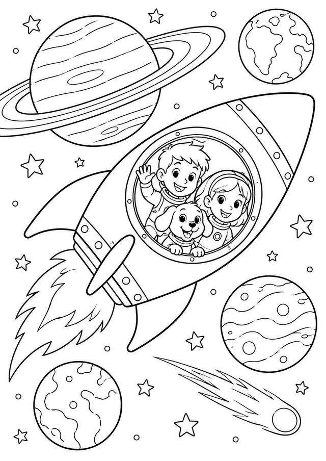 Foguete entre planetas para colorir