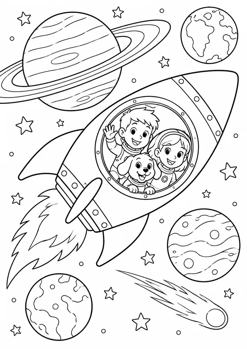 Foguete entre planetas para colorir