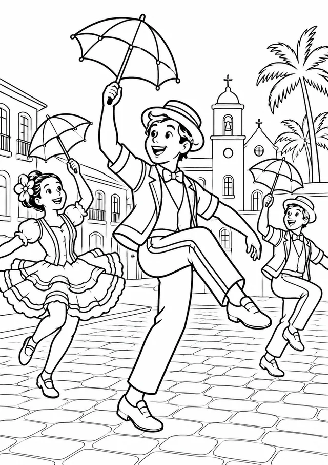 Frevo com dançarinos e sombrinhas para colorir