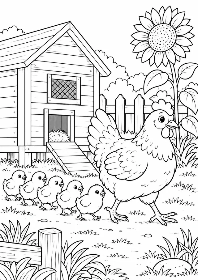 Galinha com pintinhos para colorir
