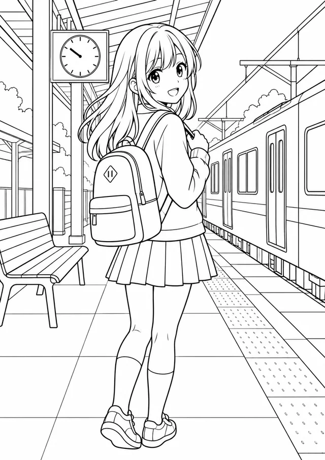 Garota de estilo anime com mochila na estação para colorir