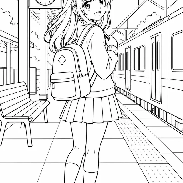 Garota de estilo anime com mochila na estação para colorir