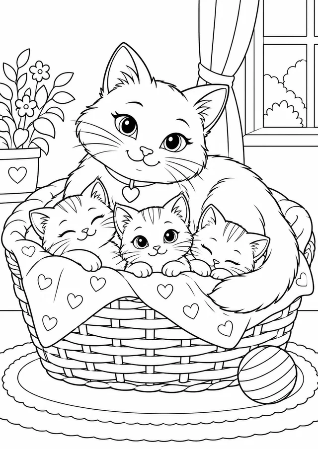Gata com filhotes numa cesta para colorir