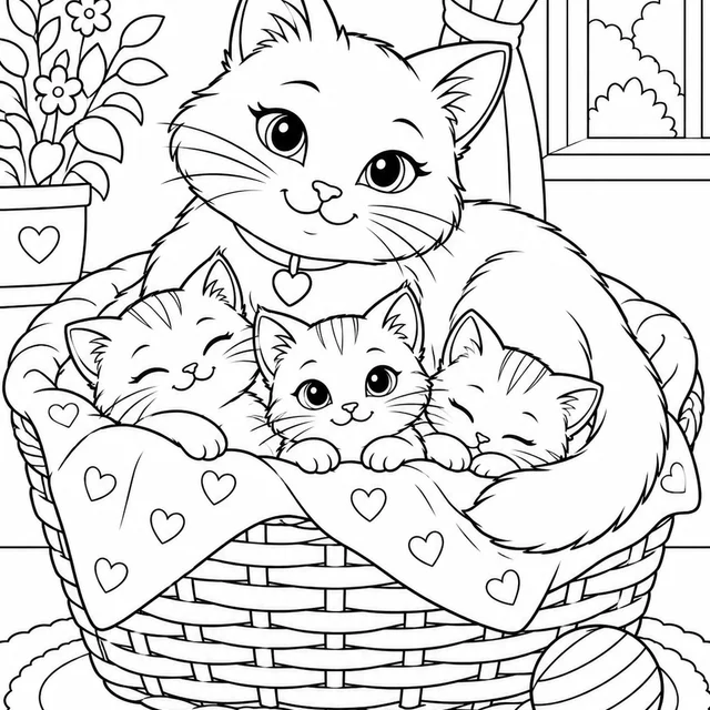 Gata com filhotes numa cesta para colorir