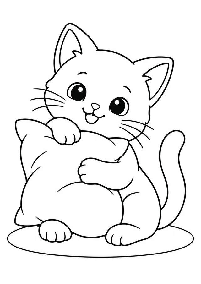 Gatinho abraçando uma almofada para colorir