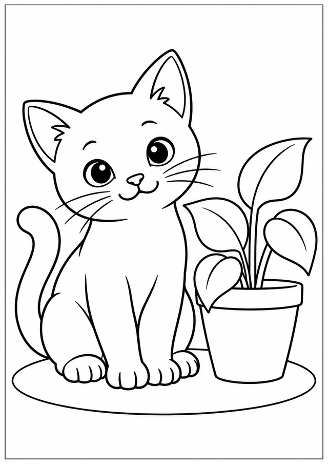 Gatinho ao lado de um vaso de folhas para colorir