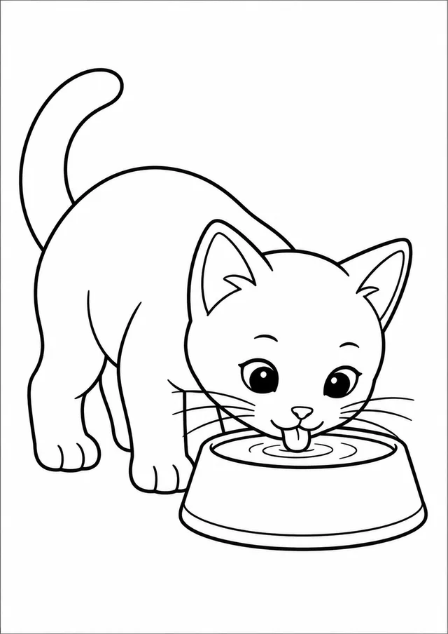 Gatinho bebendo água na tigela para colorir