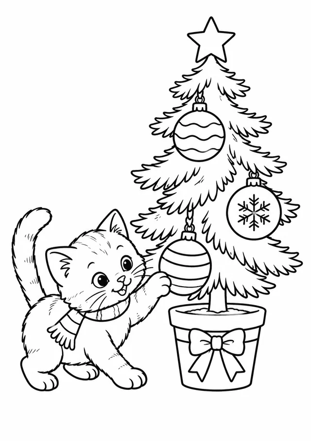 Gatinho brincando na árvore de Natal para colorir