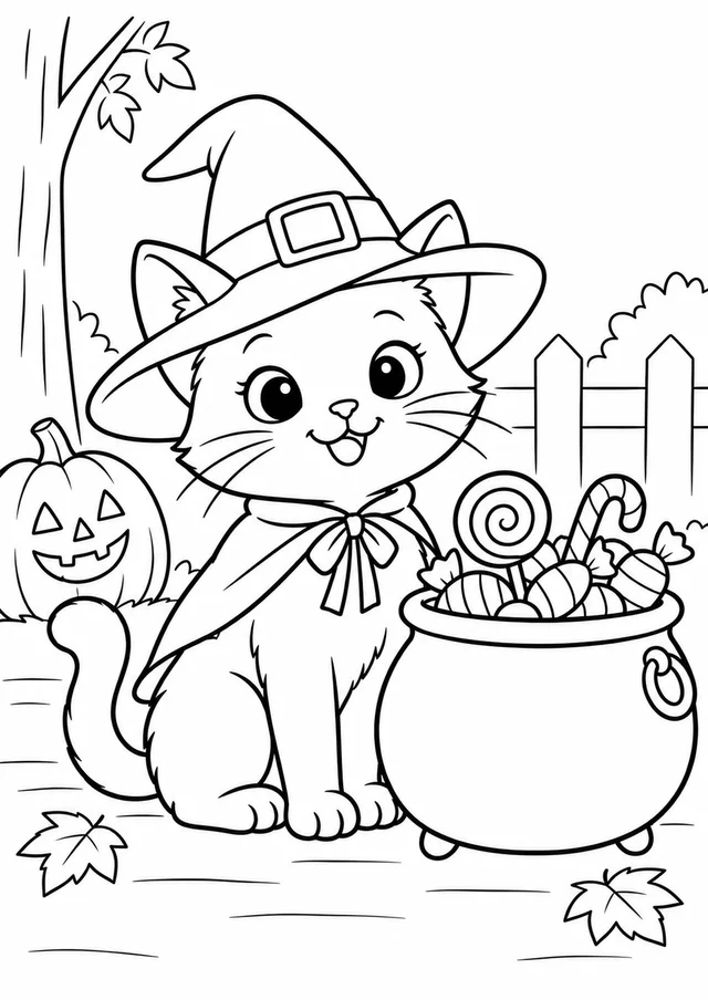 Gatinho de chapéu ao lado de caldeirão de doces para colorir