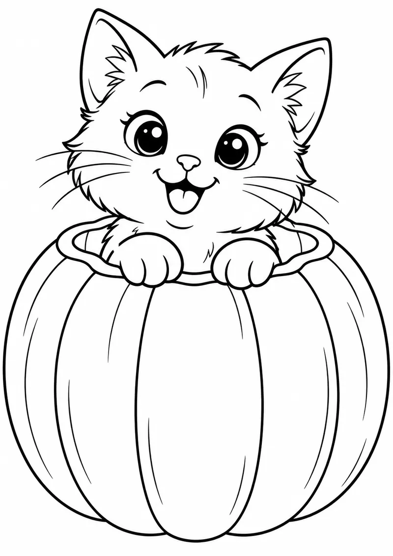 Gatinho dentro de uma abóbora para colorir